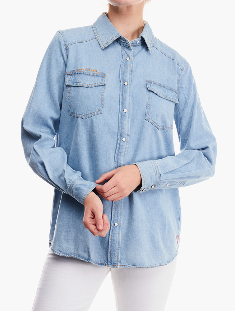 MyRunway | Shop GUESS Light Wash Button Through Denim Shirt for